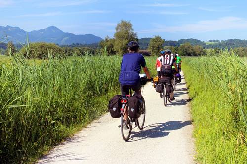 Kleine Fahrradgruppe auf einem Wiesenweg bei sonnigem Wetter